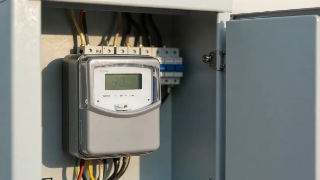 Digitale meter en zekeringen in een geopende meterkast