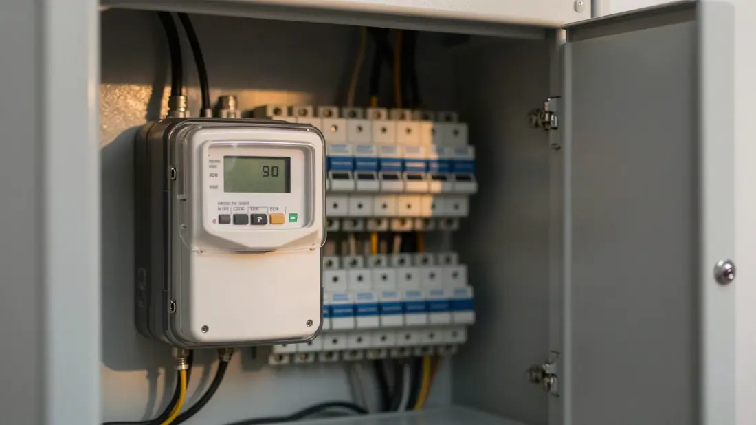 Digitale meter en zekeringen in een geopende meterkast