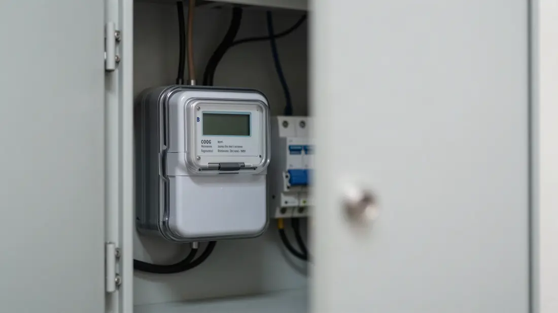 Digitale meter en zekeringen in een geopende meterkast