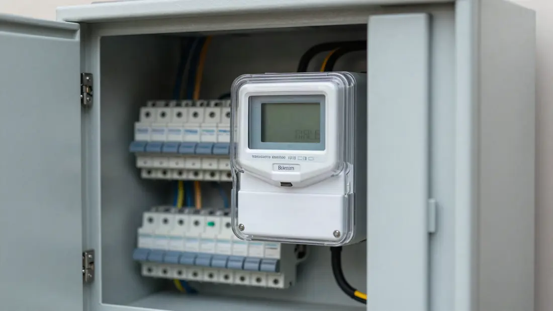 Digitale meter en zekeringen in een geopende meterkast