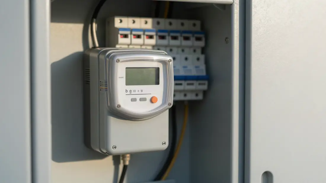 Digitale meter en zekeringen in een geopende meterkast