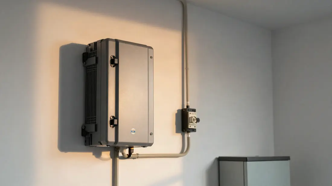 Hybride omvormer aan de muur naast de batterijkast