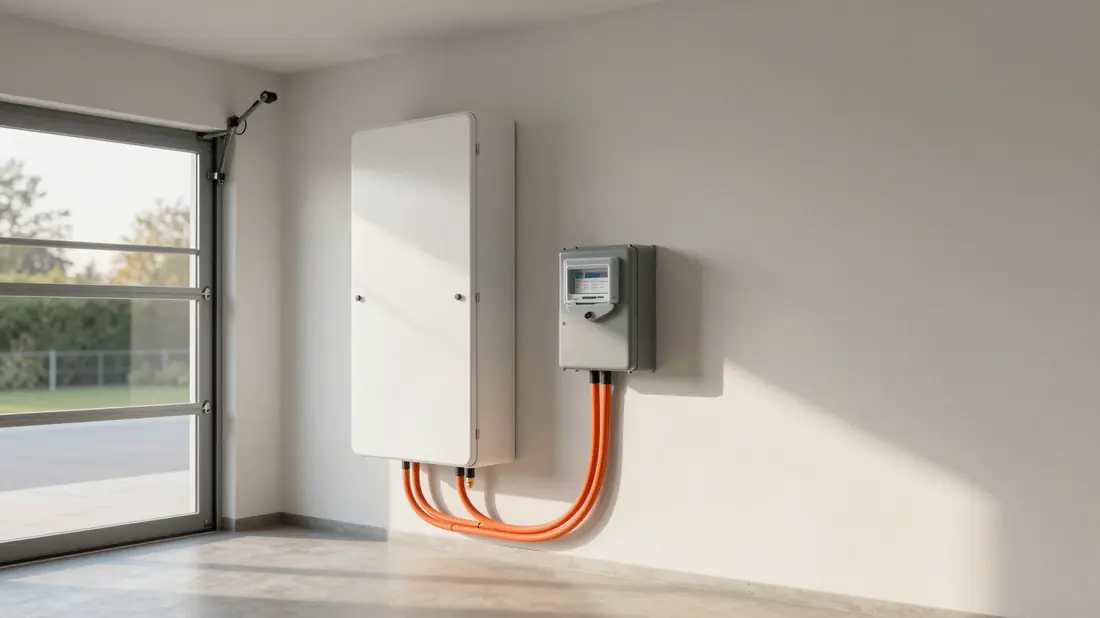 Thuisbatterij aan de garagemuur naast de meterkast
