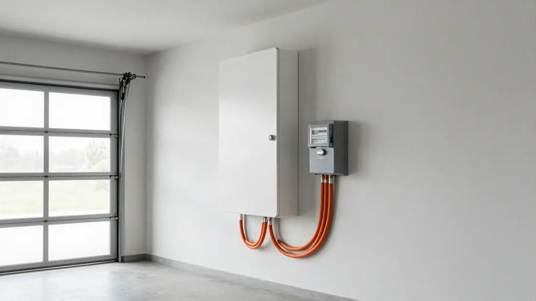 Thuisbatterij aan de garagemuur naast de meterkast