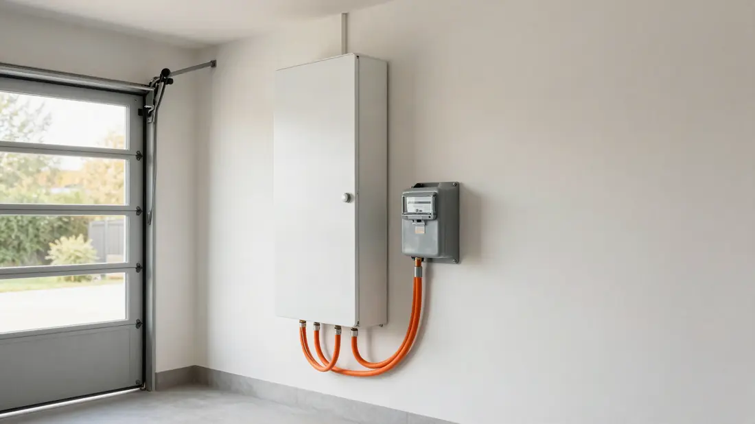 Thuisbatterij aan de garagemuur naast de meterkast