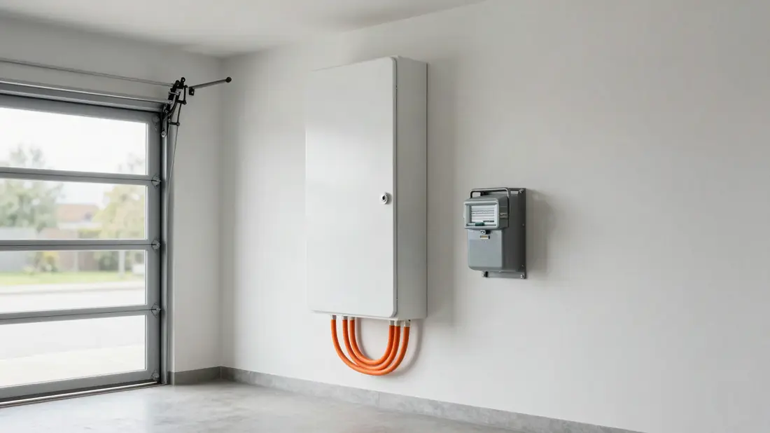 Thuisbatterij aan de garagemuur naast de meterkast