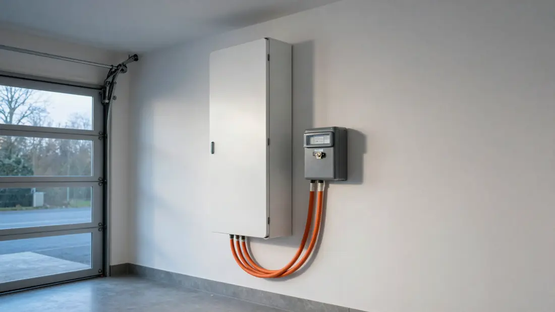 Thuisbatterij aan de garagemuur naast de meterkast
