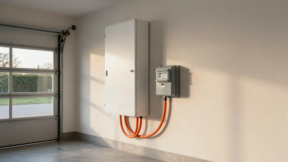 Thuisbatterij aan de garagemuur naast de meterkast