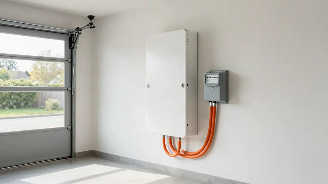 Thuisbatterij aan de garagemuur naast de meterkast