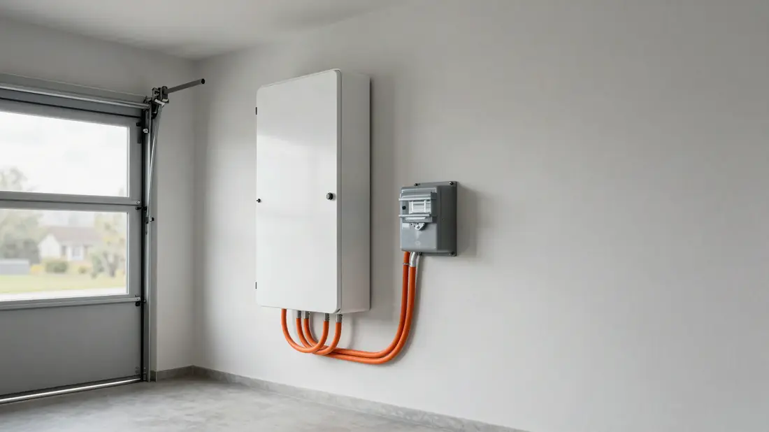 Thuisbatterij aan de garagemuur naast de meterkast