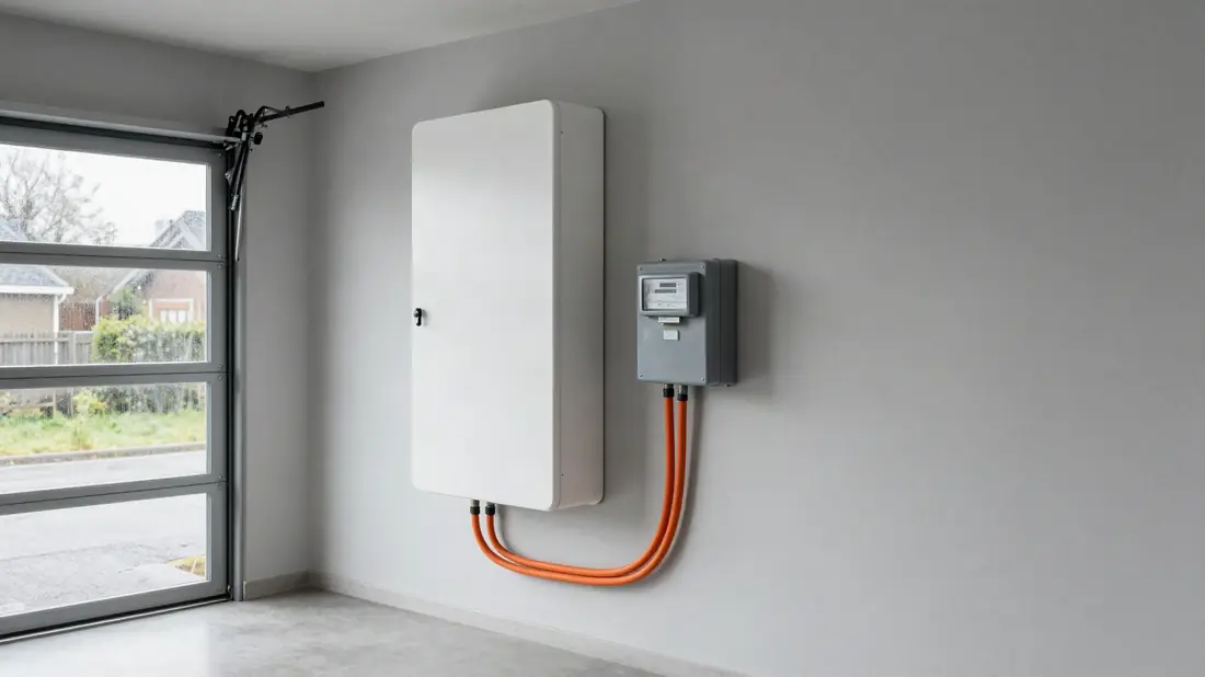 Thuisbatterij aan de garagemuur naast de meterkast