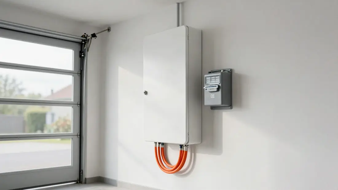 Thuisbatterij aan de garagemuur naast de meterkast