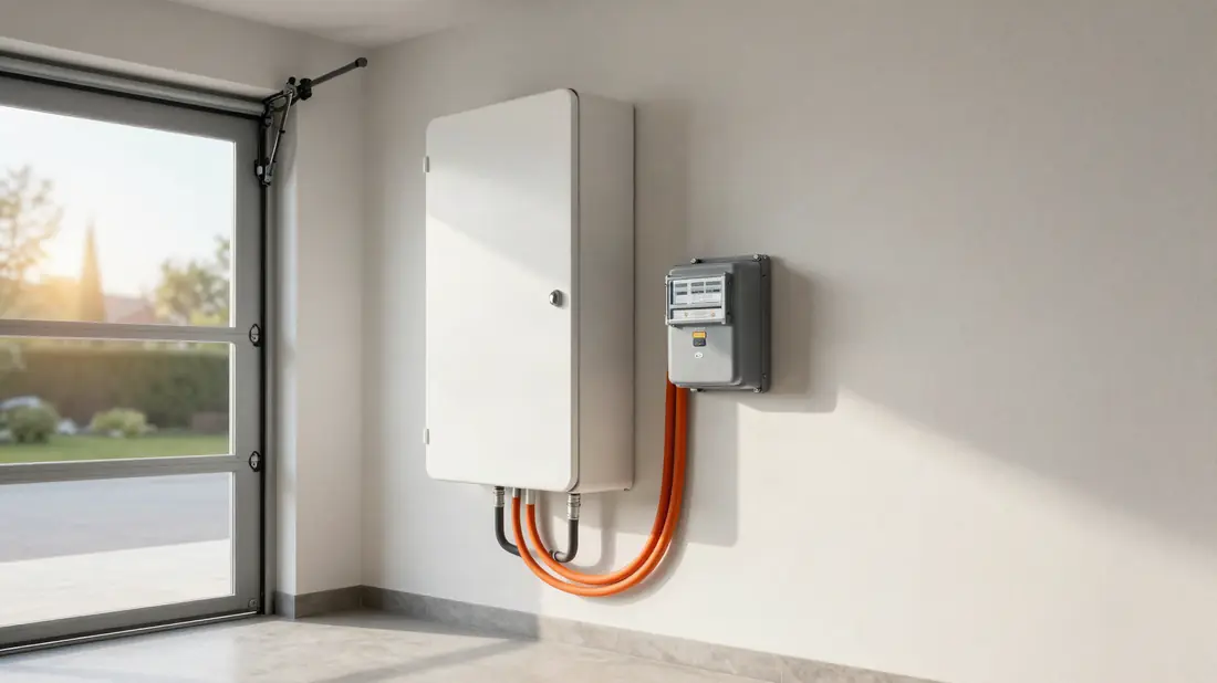 Thuisbatterij aan de garagemuur naast de meterkast