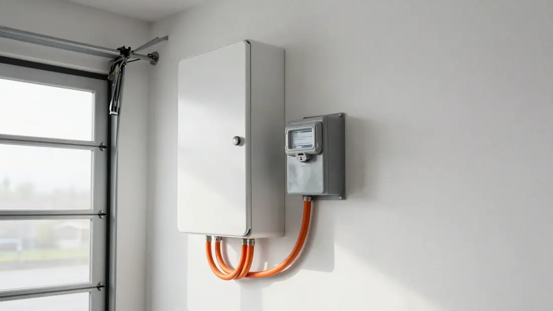 Thuisbatterij aan de garagemuur naast de meterkast