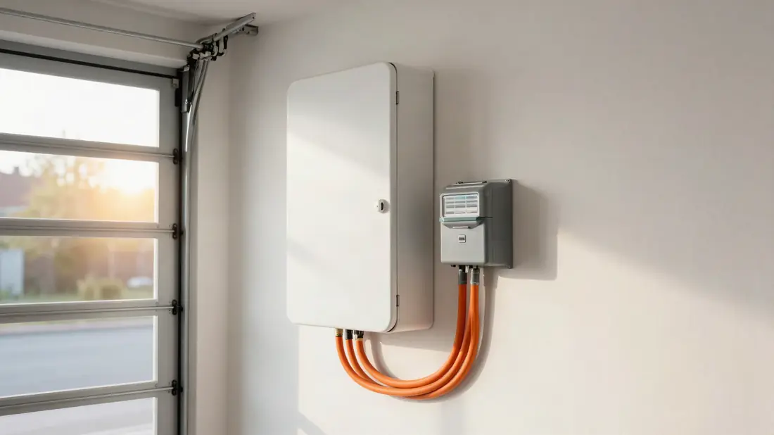 Thuisbatterij aan de garagemuur naast de meterkast