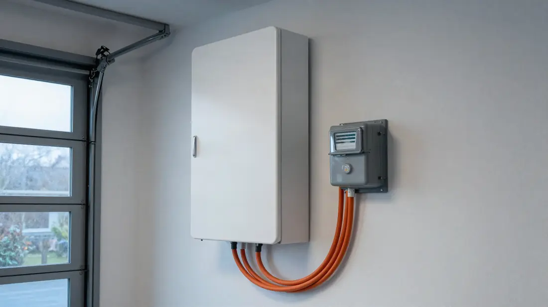 Thuisbatterij aan de garagemuur naast de meterkast