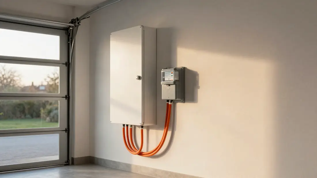 Thuisbatterij aan de garagemuur naast de meterkast
