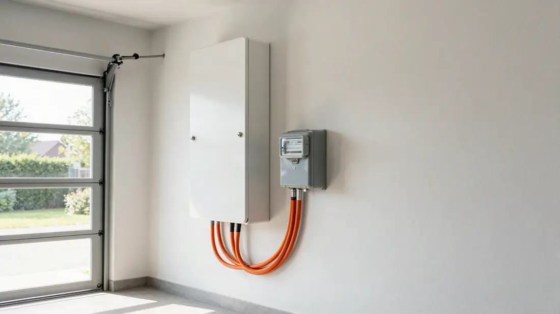 Thuisbatterij aan de garagemuur naast de meterkast
