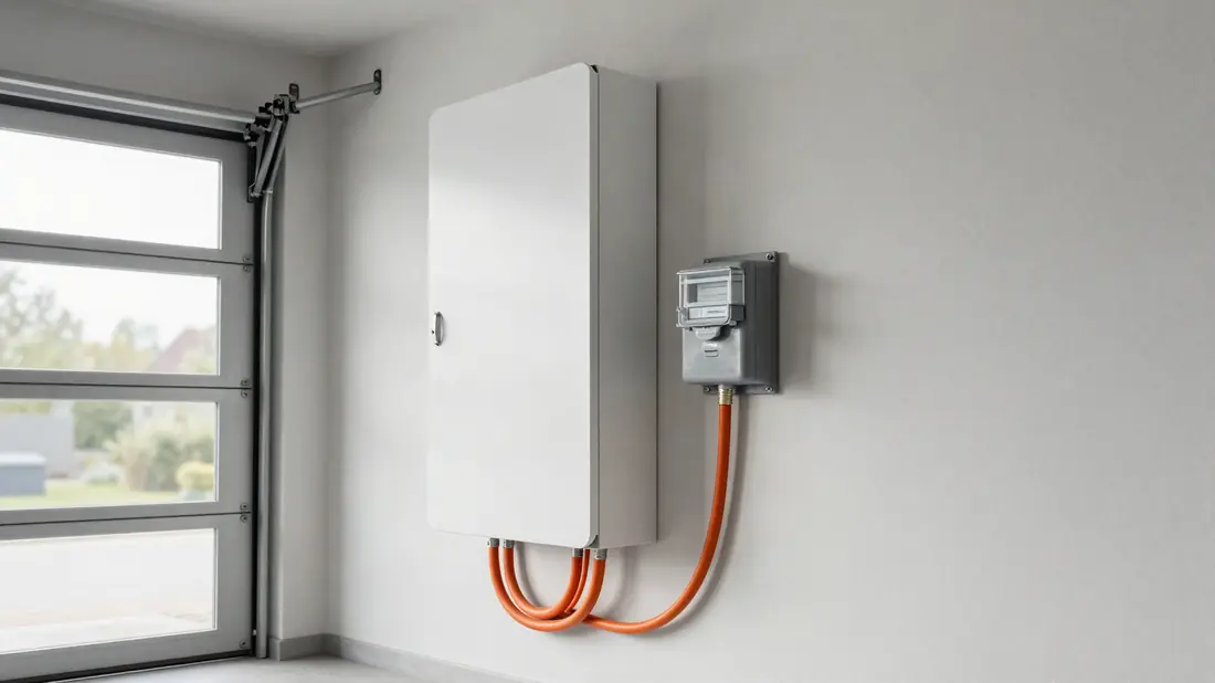 Thuisbatterij aan de garagemuur naast de meterkast