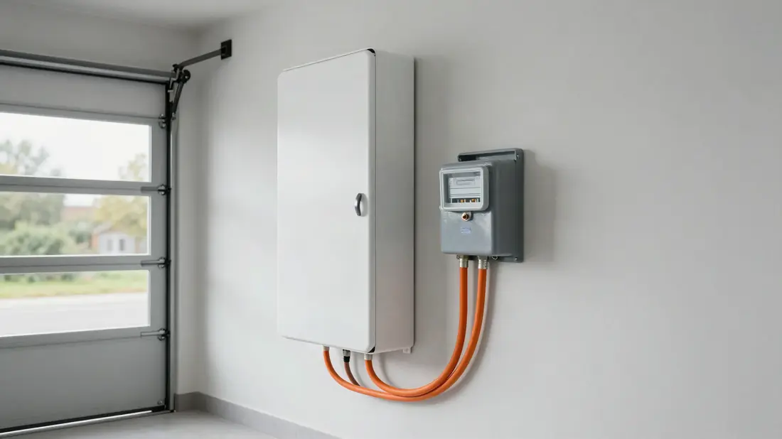 Thuisbatterij aan de garagemuur naast de meterkast