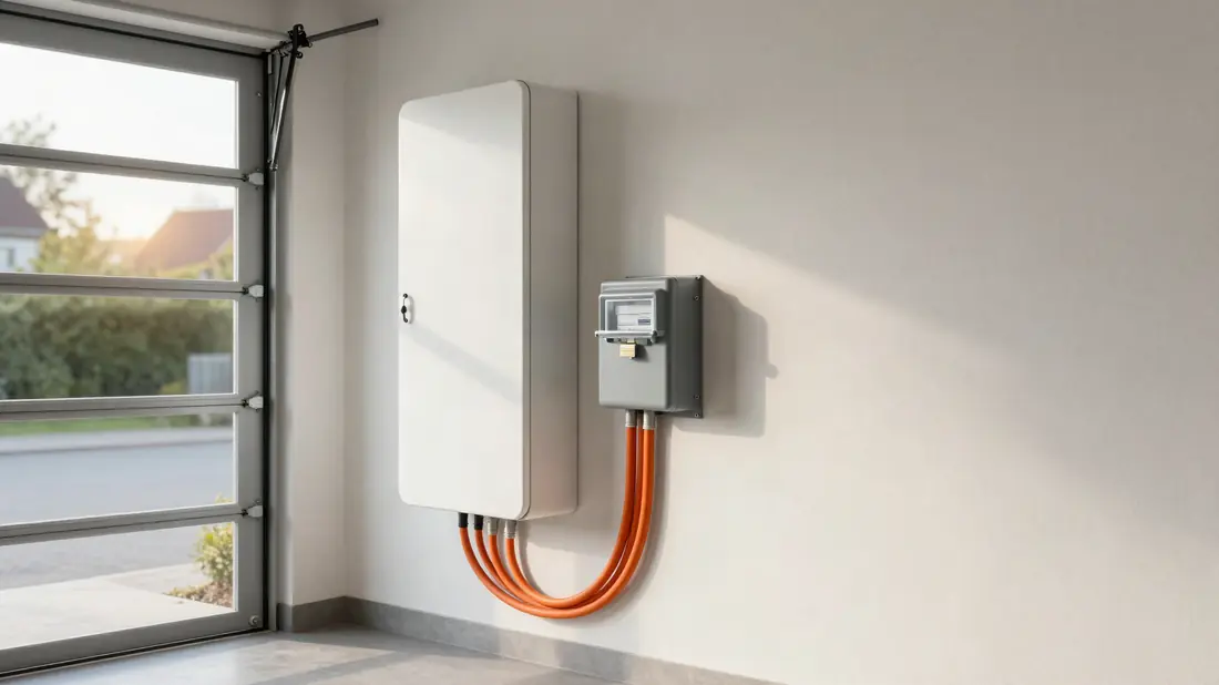 Thuisbatterij aan de garagemuur naast de meterkast