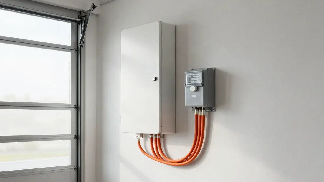 Thuisbatterij aan de garagemuur naast de meterkast