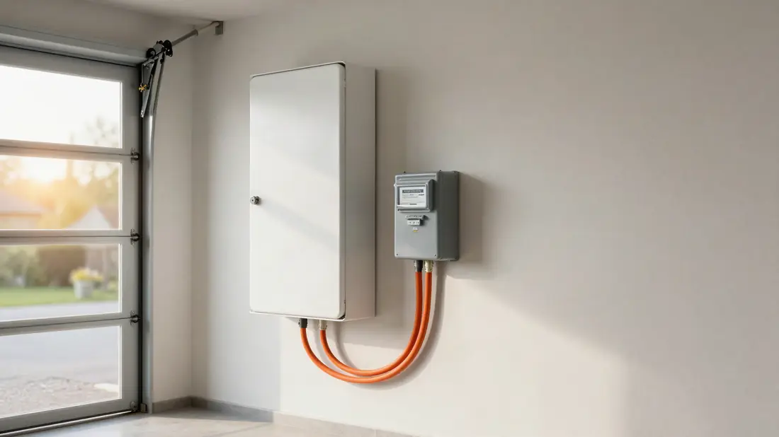 Thuisbatterij aan de garagemuur naast de meterkast