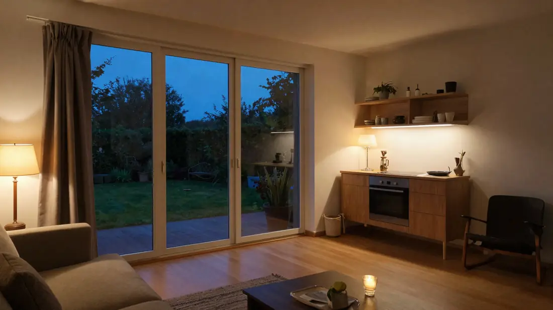 Woonkamer met verlichting aan bij het invallen van de avond